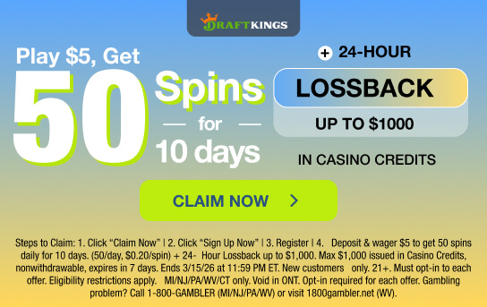 DraftKings Play $5, Get 50 Spins for 10 Days DK banner