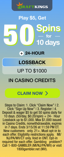 DraftKings Play $5, Get 50 Spins for 10 Days DK banner