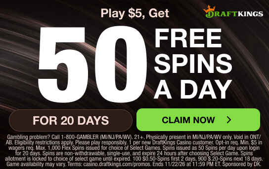 DraftKings Play $5, Get 50 Spins for 30 Days tag